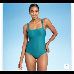 Kona Sol | Ribbed Square Neck Turqoise One Piece L